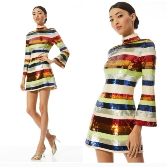 Alice + Olivia Mailynn Sequin Striped Multicolored Mini Dress SIZE 12 NWT $985 - Picture 5 of 15